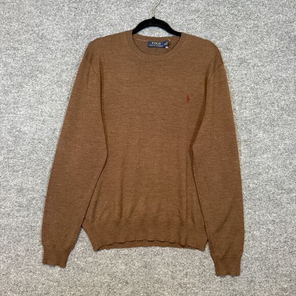 Polo Ralph Lauren Sweater Mens Medium Brown Crewneck Wool Knit Red Pony Pullover - Picture 1 of 10